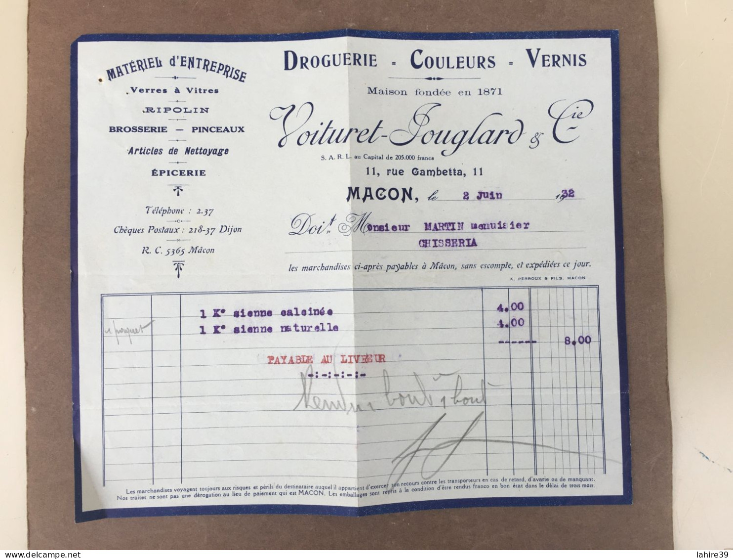 Facture / Voituret- Jouglard Et Cie / Macon / Droguerie / Peinture / Couleurs / 1932 - Drogisterij & Parfum