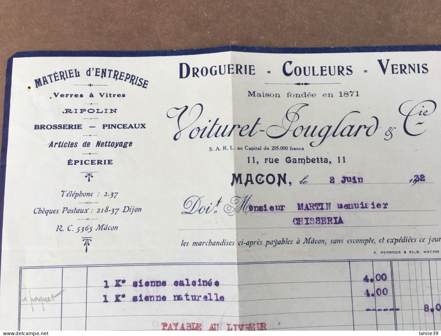 Facture / Voituret- Jouglard Et Cie / Macon / Droguerie / Peinture / Couleurs / 1932 - Droguerie & Parfumerie
