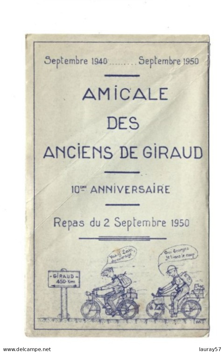 MENU AMICALE DES ANCIENS DE GIRAUD 10 ANNIVERSAIRE Repas Du 2 Septembre 1950 - Menus