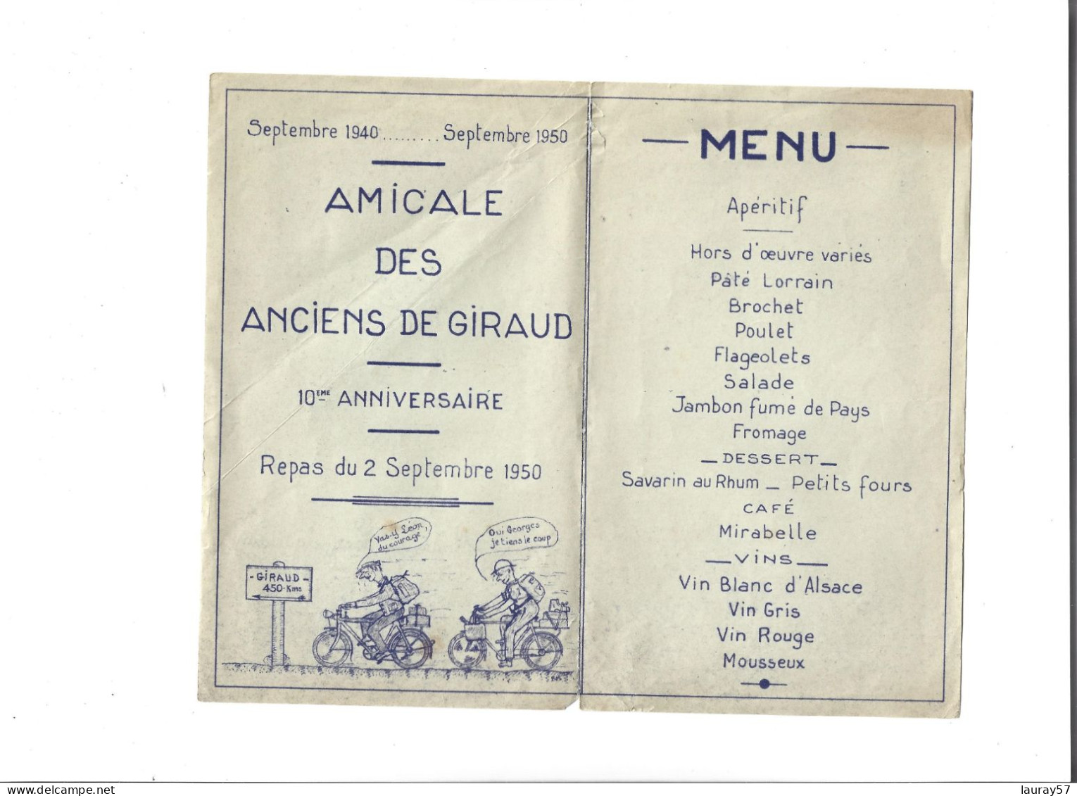 MENU AMICALE DES ANCIENS DE GIRAUD 10 ANNIVERSAIRE Repas Du 2 Septembre 1950 - Menus