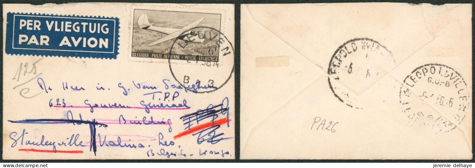 PA28 Sur Petite Enveloppe Format Carte De Visite Expédié Par Avion De Leuven (1956) > Léopoldville Suivi Stanleyville (C - Brieven En Documenten