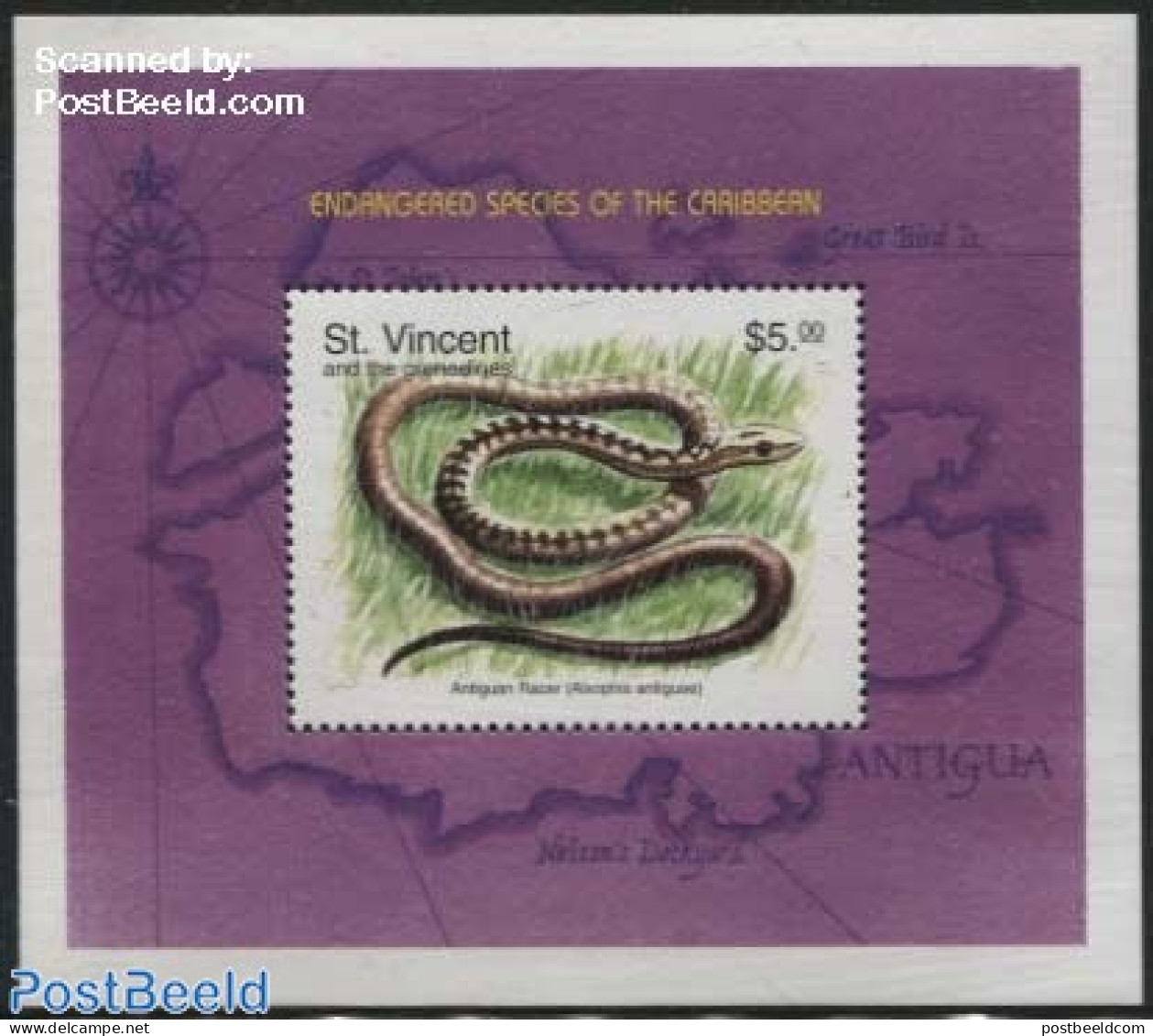 Saint Vincent 1998 Endangered Animals S/s, Alsophis Antiguae, Mint NH, Nature - Animals (others & Mixed) - Snakes - St.Vincent (1979-...)