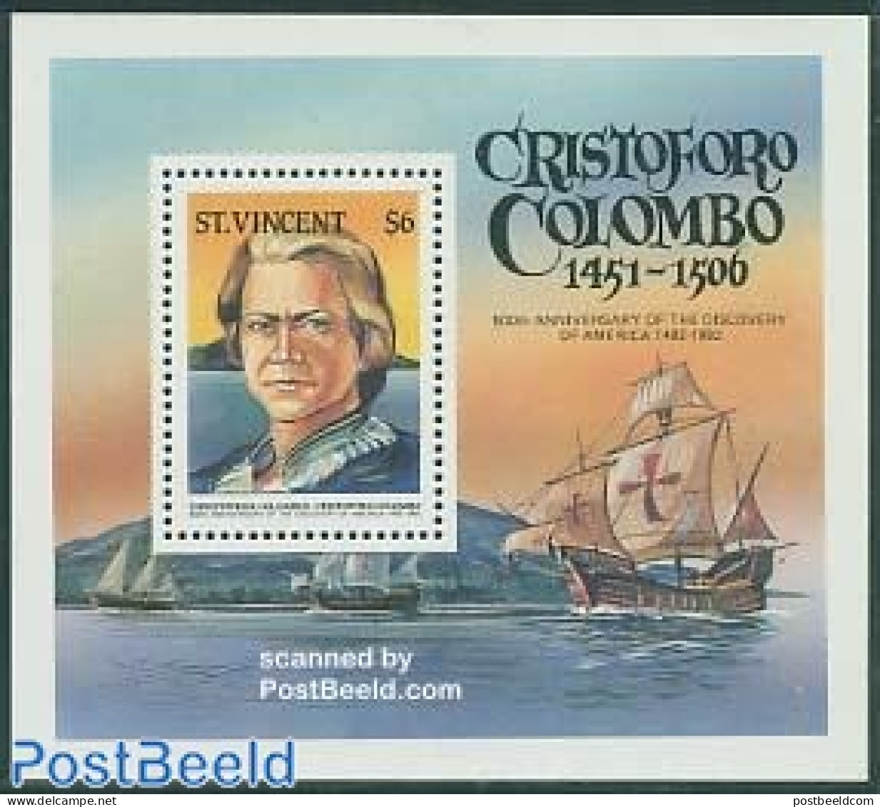 Saint Vincent 1986 Columbus S/s, Mint NH, History - Transport - Explorers - Ships And Boats - Onderzoekers