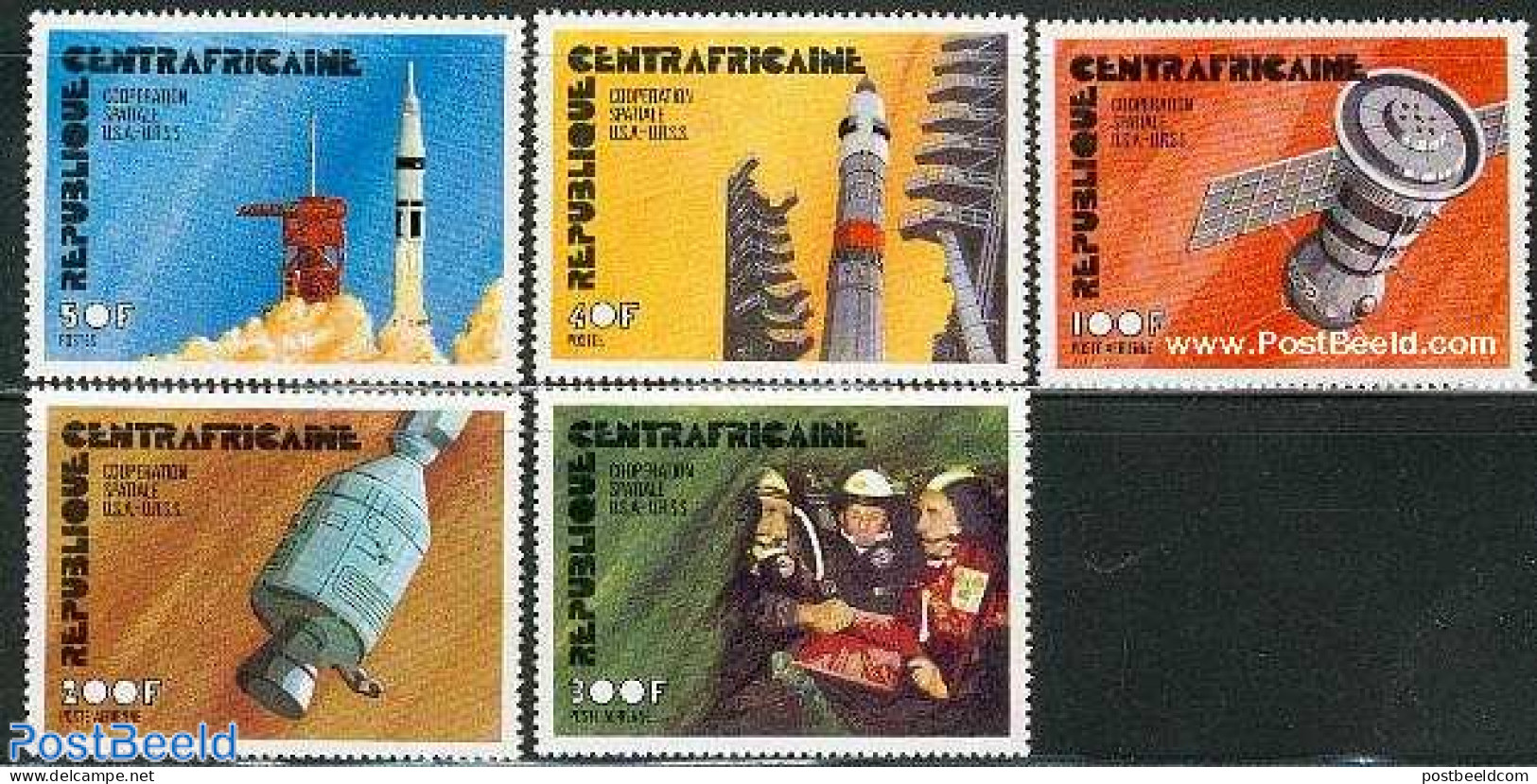 Central Africa 1976 Apollo-Soyuz 5v, Mint NH, Transport - Space Exploration - Centraal-Afrikaanse Republiek