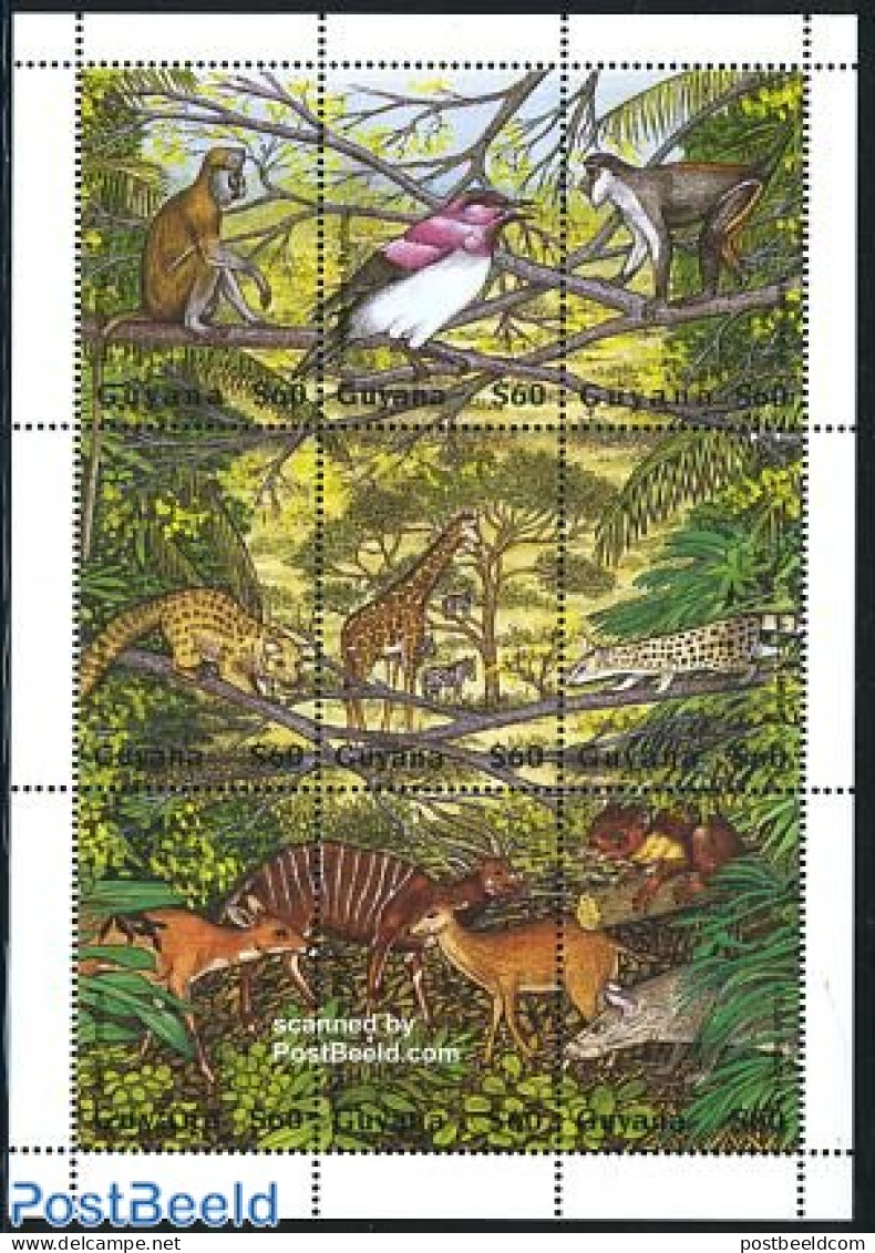 Guyana 1995 African Fauna 9v M/s, Mint NH, Nature - Animals (others & Mixed) - Birds - Giraffe - Monkeys - Guiana (1966-...)