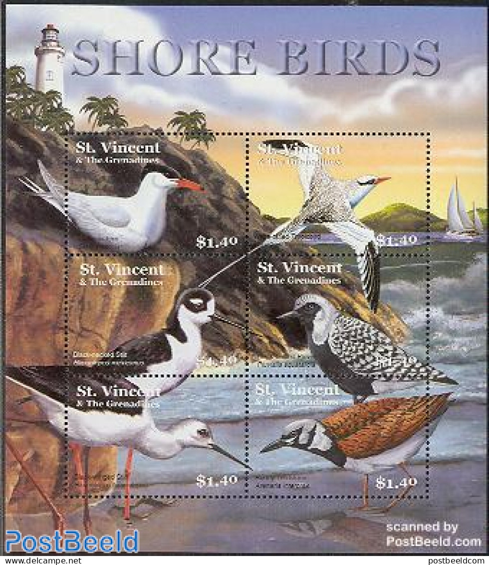 Saint Vincent 2001 Shore Birds 6v M/s (lighthouse On Border), Mint NH, Nature - Various - Birds - Lighthouses & Safety.. - Vuurtorens