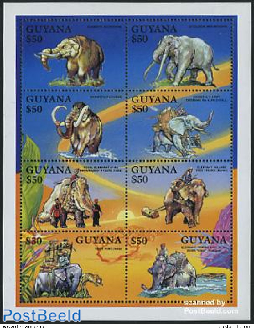 Guyana 1992 Mammoth, Elephant 8v M/s, Mint NH, Nature - Elephants - Prehistoric Animals - Prehistorics
