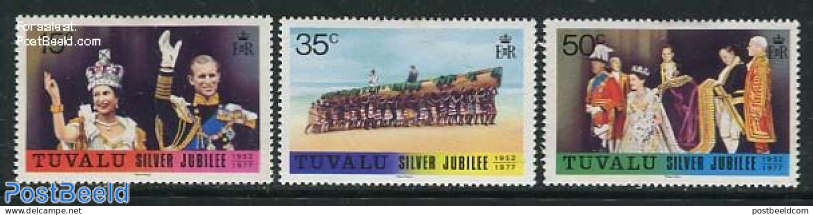 Tuvalu 1977 Silver Jubilee 3v, Mint NH, History - Kings & Queens (Royalty) - Königshäuser, Adel