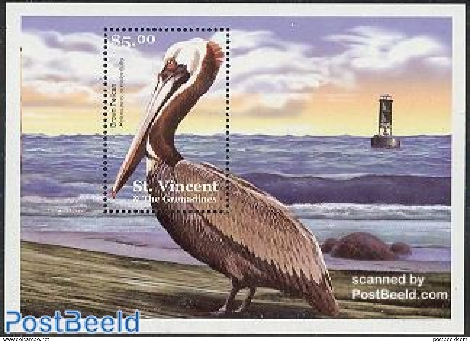 Saint Vincent 2001 Brown Pelican S/s (lighthouse On Border), Mint NH, Nature - Various - Birds - Lighthouses & Safety .. - Lighthouses