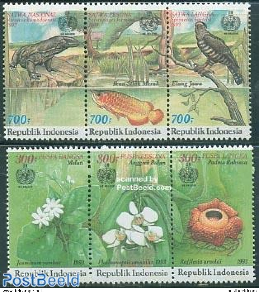 Indonesia 1993 Nature Conservation 2x3v [::], Mint NH, Nature - Birds - Flowers & Plants - Reptiles - Indonésie