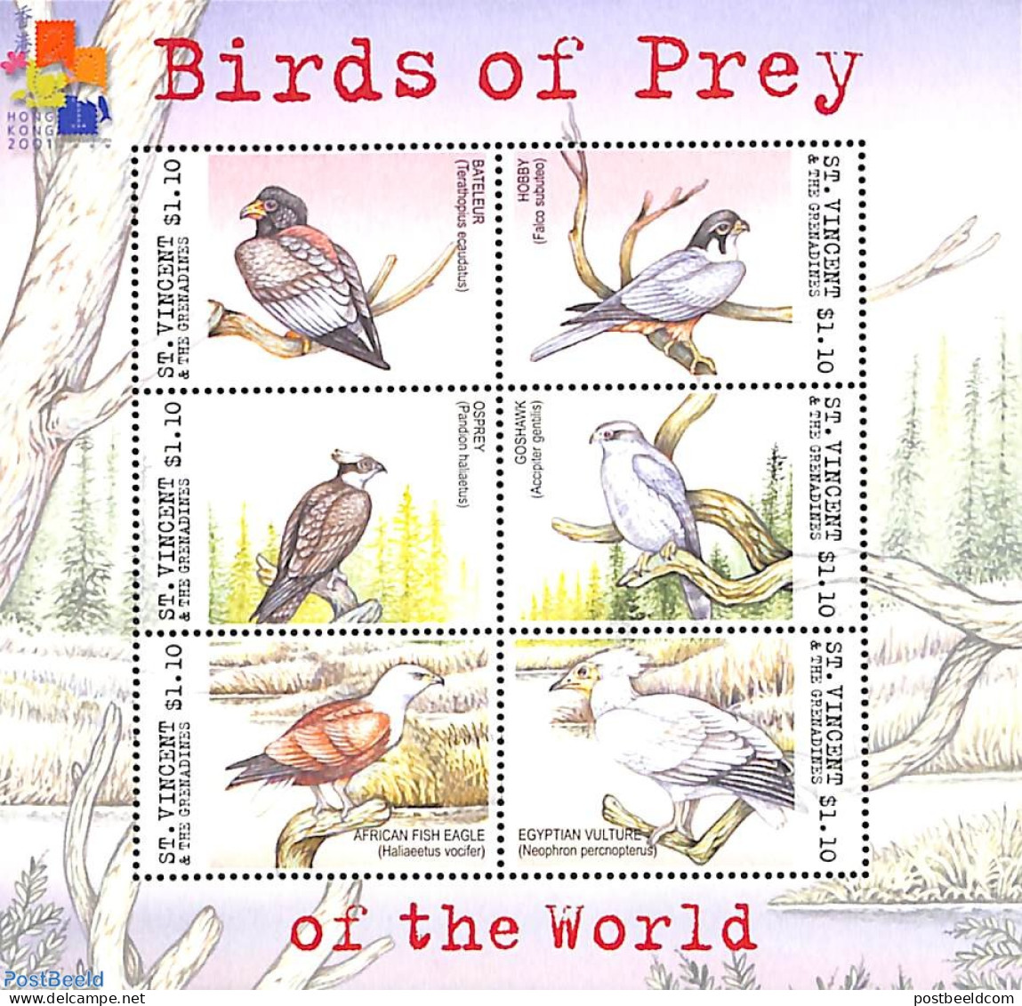 Saint Vincent 2001 Birds Of Prey 6v M/s (6x1.10$), Mint NH, Nature - Birds - Birds Of Prey - St.Vincent (1979-...)