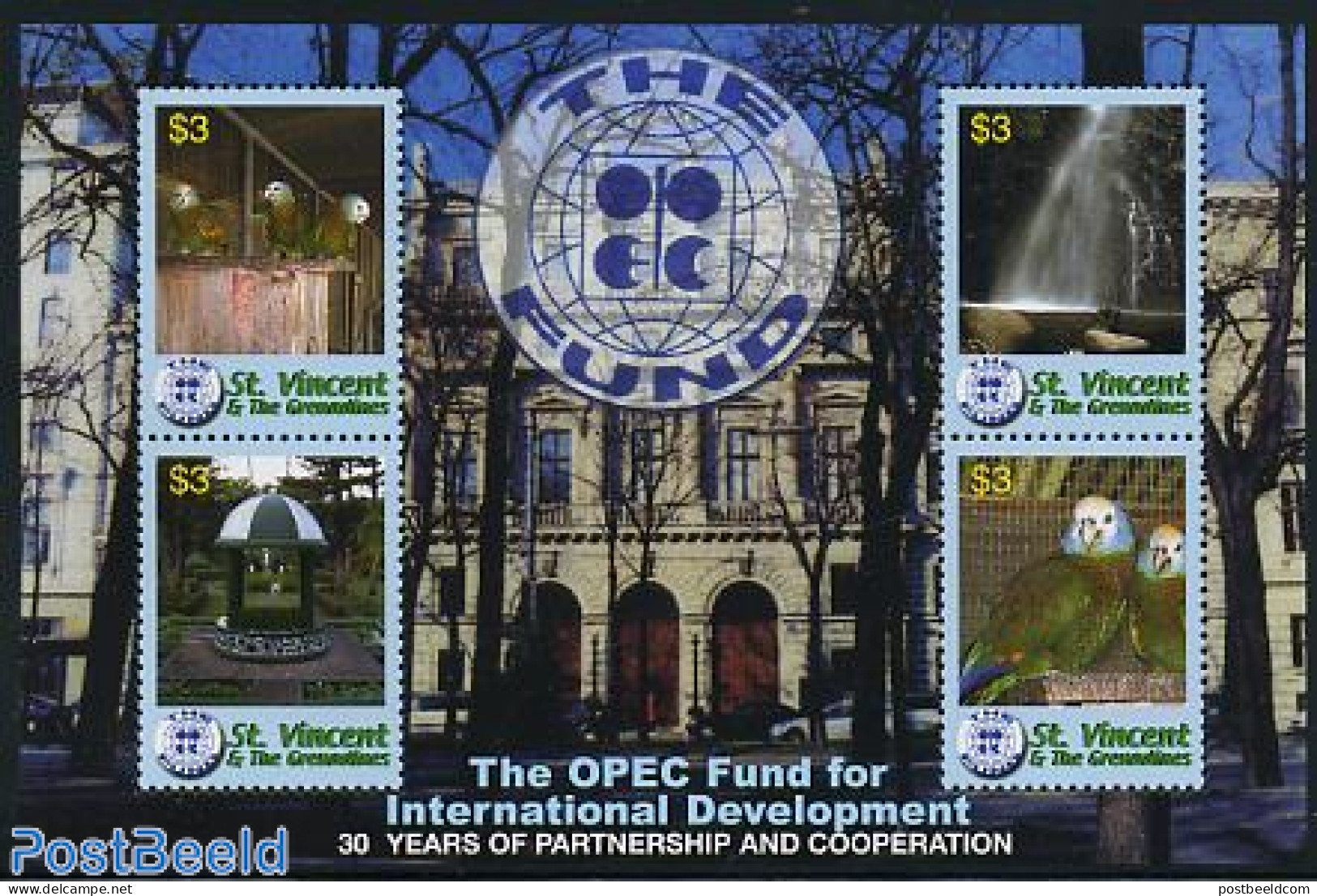 Saint Vincent 2006 OPEC Fund 4v M/s, Mint NH, Nature - Birds - Parrots - Water, Dams & Falls - St.Vincent (1979-...)