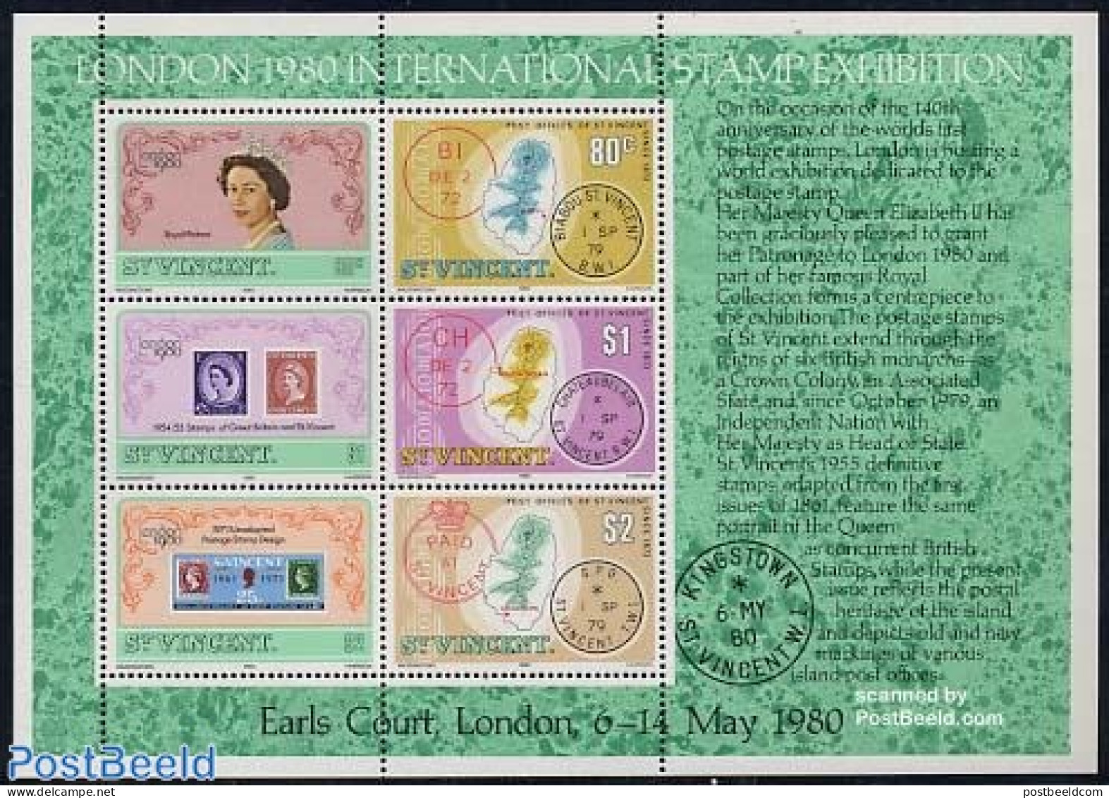Saint Vincent 1980 London 1980 S/s, Mint NH, History - Various - Kings & Queens (Royalty) - Stamps On Stamps - Maps - Königshäuser, Adel