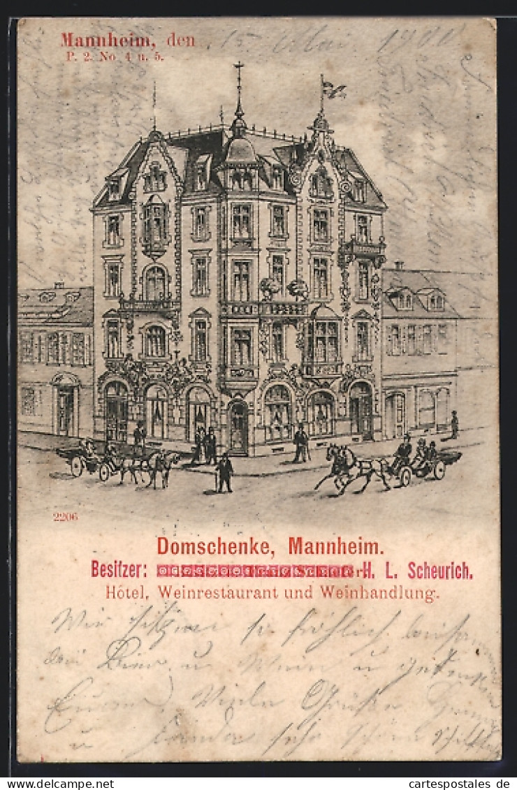 Lithographie Mannheim, Gasthaus Domschenke H. L. Scheurich  - Mannheim