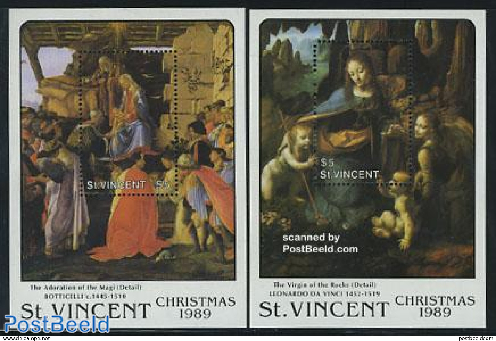 Saint Vincent 1989 Christmas 2 S/s, Mint NH, Religion - Christmas - Art - Paintings - Natale