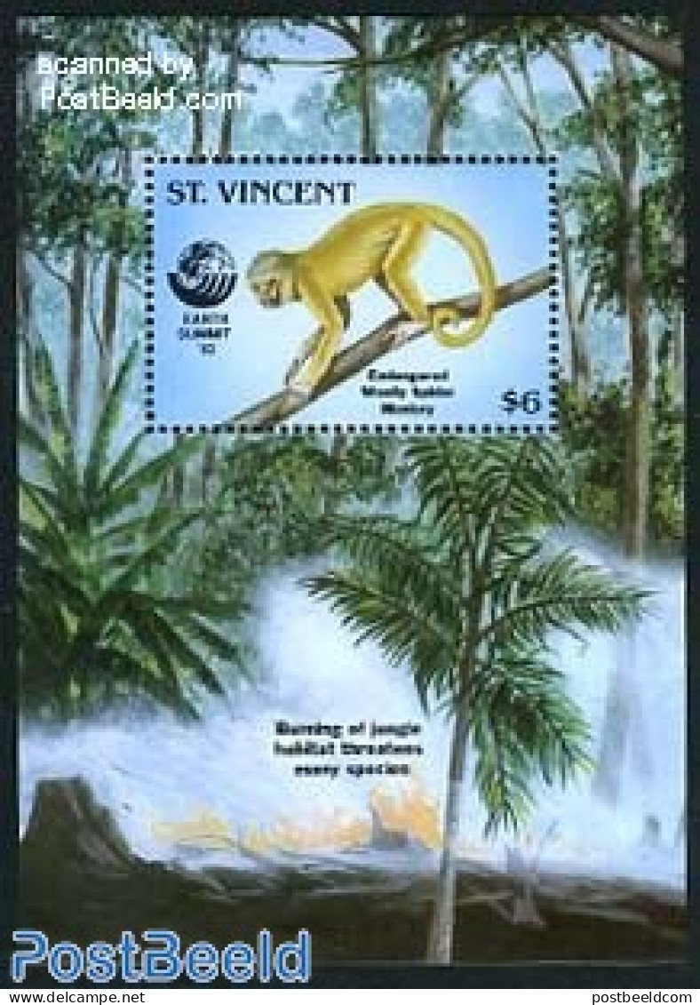Saint Vincent 1992 UNCED Conference S/s, Mint NH, Nature - Animals (others & Mixed) - Environment - Monkeys - Umweltschutz Und Klima