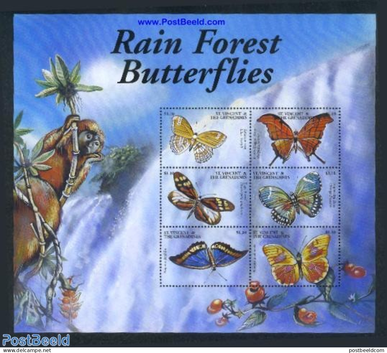 Saint Vincent 2001 Butterflies 6v M/s (6x1.30$), Mint NH, Nature - Butterflies - St.Vincent (1979-...)