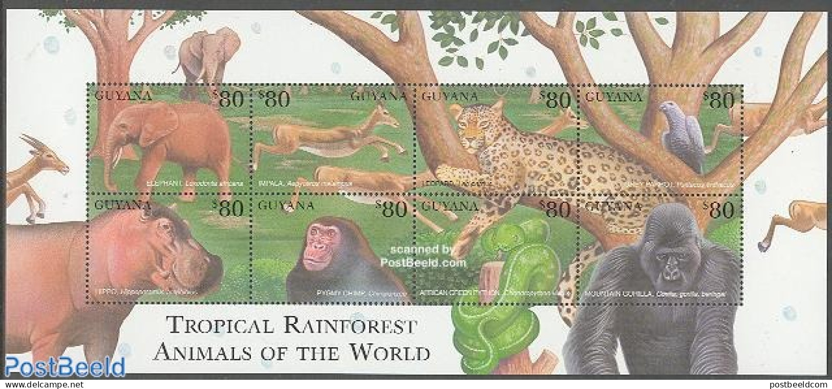 Guyana 2001 Rainforest Animals 8v M/s, Mint NH, Nature - Animals (others & Mixed) - Cat Family - Elephants - Hippopota.. - Guyane (1966-...)