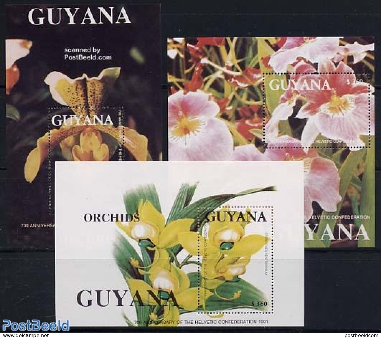 Guyana 1991 Swiss Federation, Orchids 3 S/s, Mint NH, Nature - Flowers & Plants - Orchids - Guyane (1966-...)