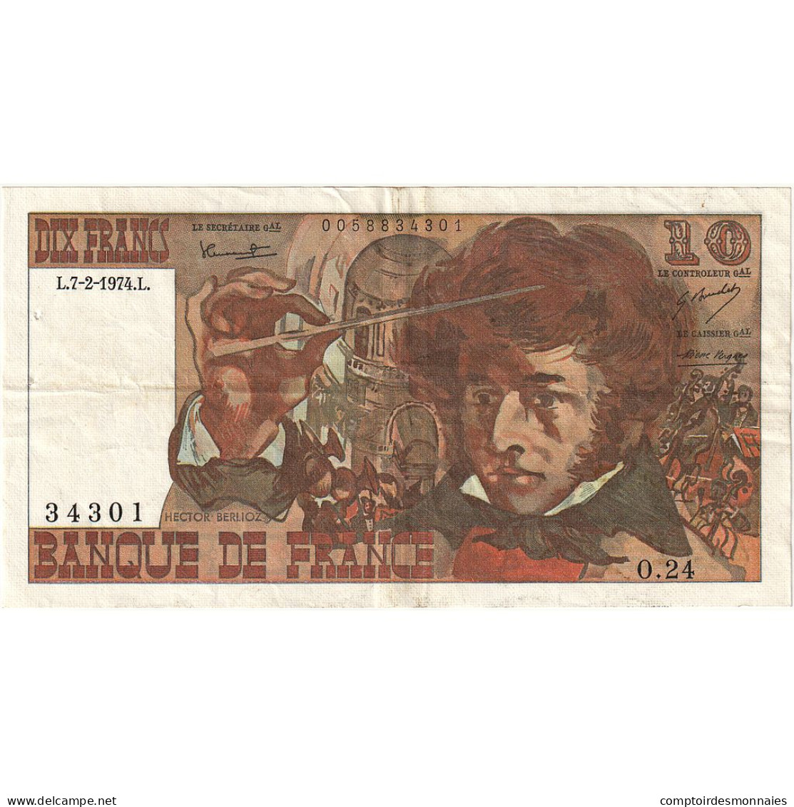France, 10 Francs, Berlioz, 1974, 0.24, SUP, Fayette:63.3, KM:150a - 10 F 1972-1978 ''Berlioz''