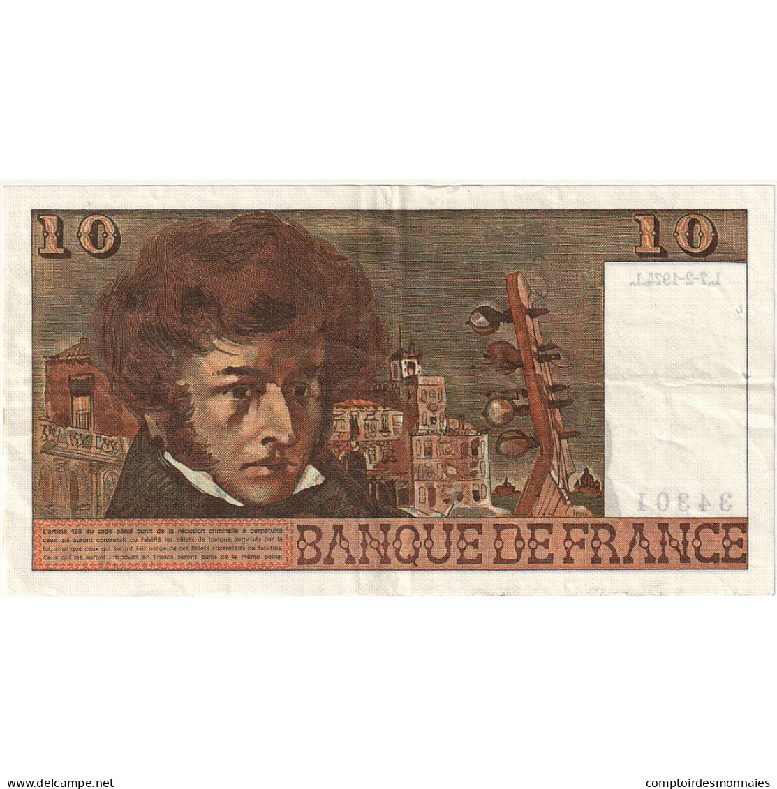 France, 10 Francs, Berlioz, 1974, 0.24, SUP, Fayette:63.3, KM:150a - 10 F 1972-1978 ''Berlioz''