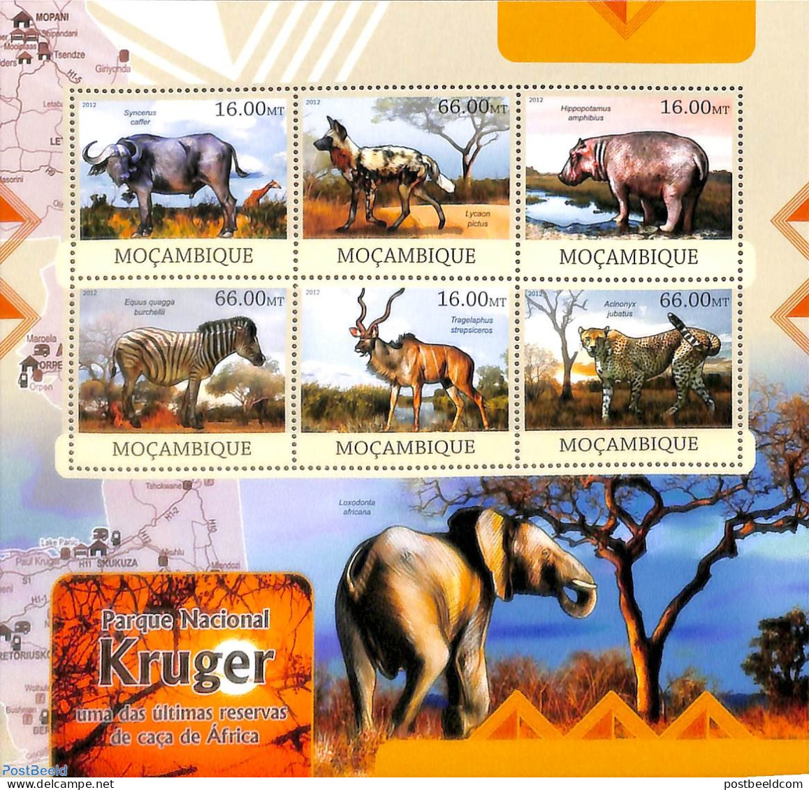 Mozambique 2012 Kruger Park 6v M/s, Mint NH, Nature - Animals (others & Mixed) - Cat Family - Hippopotamus - National .. - Natura