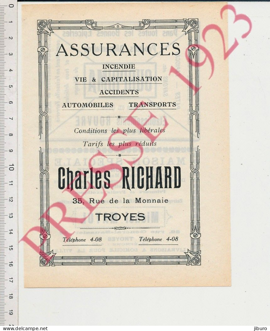 Publicité Assurances Charles Richard 35 Rue De La Monnaie Troyes Rouvre Surprima Michel Mayol Entrepôt Bananes Canaries - Ohne Zuordnung