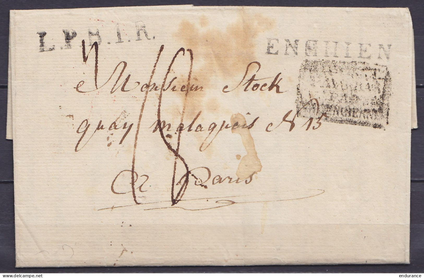L. Pour PARIS - Griffes "ENGHIEN" & "L.P.B.1.R" - Marque [PAYS-BAS /PAR/ VALENCIENNES] Port "18" (au Dos: Cachet Date Ar - 1794-1814 (French Period)