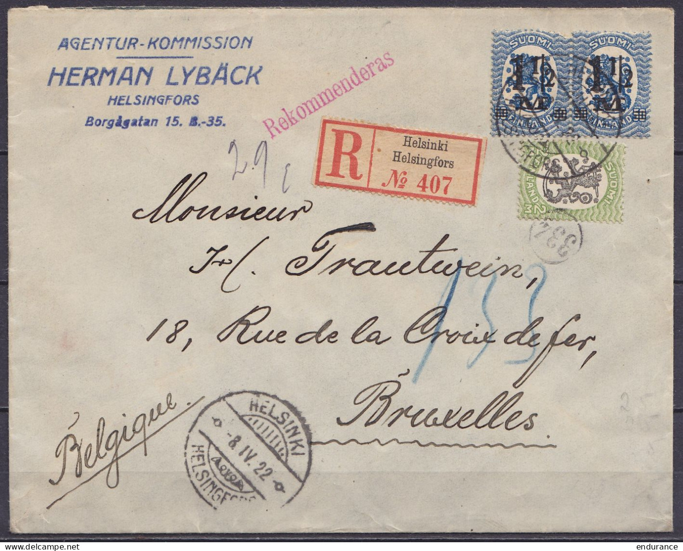 Finlande - Env. Recommandée Affr. 5M Càpt "HELSINKI /-8.IV.1922/ HELSINGFORS" Pour BRUXELLES - Griffe "Rekommenderas" - Lettres & Documents