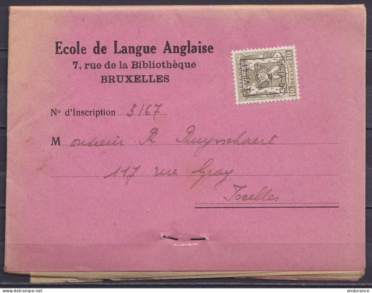Imprimé "Ecole De Langue Anglaise" Affr. PREO 10c (type N°420 Surch. [I-VII-44 / 30-VI-45] Pour IXELLES - Typos 1936-51 (Petit Sceau)