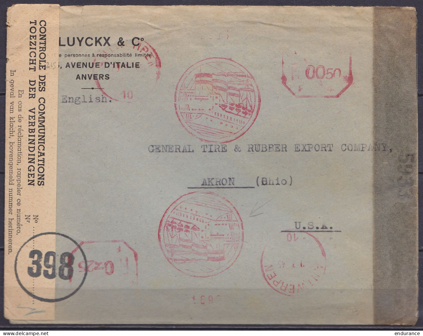 Env. "Luyckx & C°" Affr. Mécanique (thème Bateau) 0,50f / ANTWERPEN /?-?-1945 Pour AKRON Ohio USA - Bandes Censure Belge - Brieven En Documenten