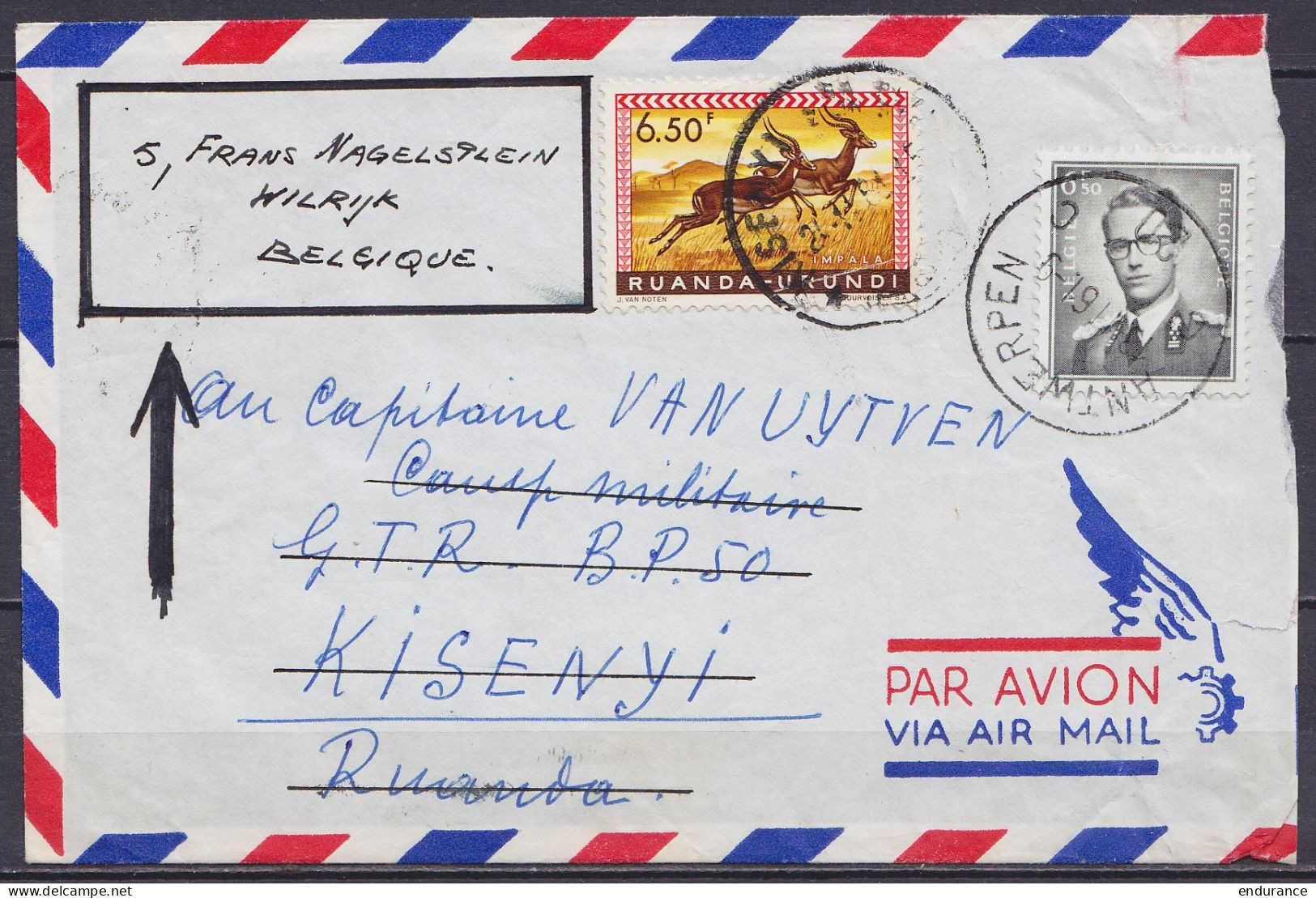 Env. Par Avion De Wilrijk Affr. N°1069A Càd ANTWERPEN /18-11-1961 Pour KISENYI Ruanda - Réaffr. N°214 Et Réexpédiée Vers - 1953-1972 Lunettes