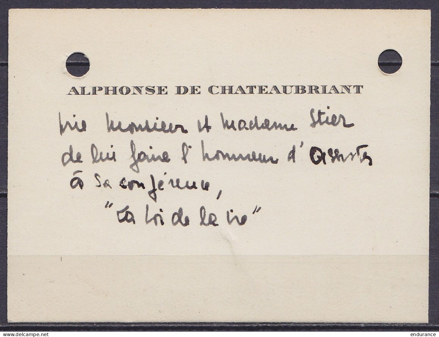 Carte De Visite Non-signée Alphonse De Chateaubriant (écrivain Français Collaborateur Durant La Seconde Guerre Mondiale) - Otros & Sin Clasificación