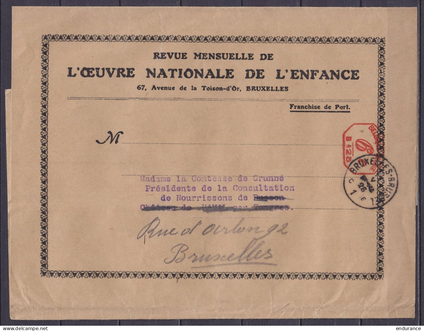 Bande D'imprimé "Revue Mensuelle De L'Œuvre Nationale De L'Enfance" Affr. Mécanique 6c Càd BRUXELLES-BRUSSEL /1? V 1926  - Other & Unclassified