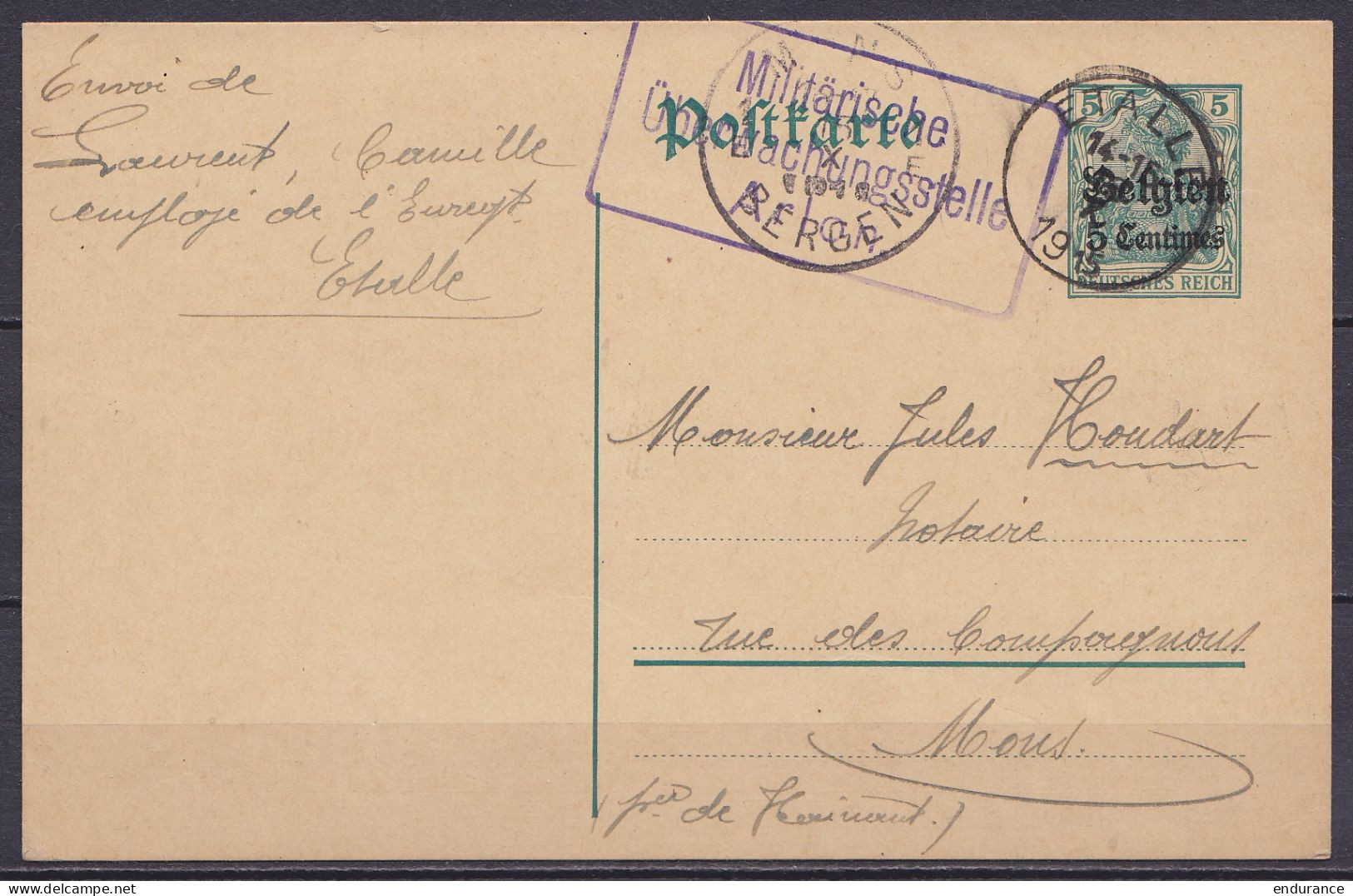 EP CP Postkarte 5c (type OC2) Càd ETALLE /13 X 1915 Pour MONS - Cachet Censure Allemande [Militärische Überwachungsstell - Duitse Bezetting