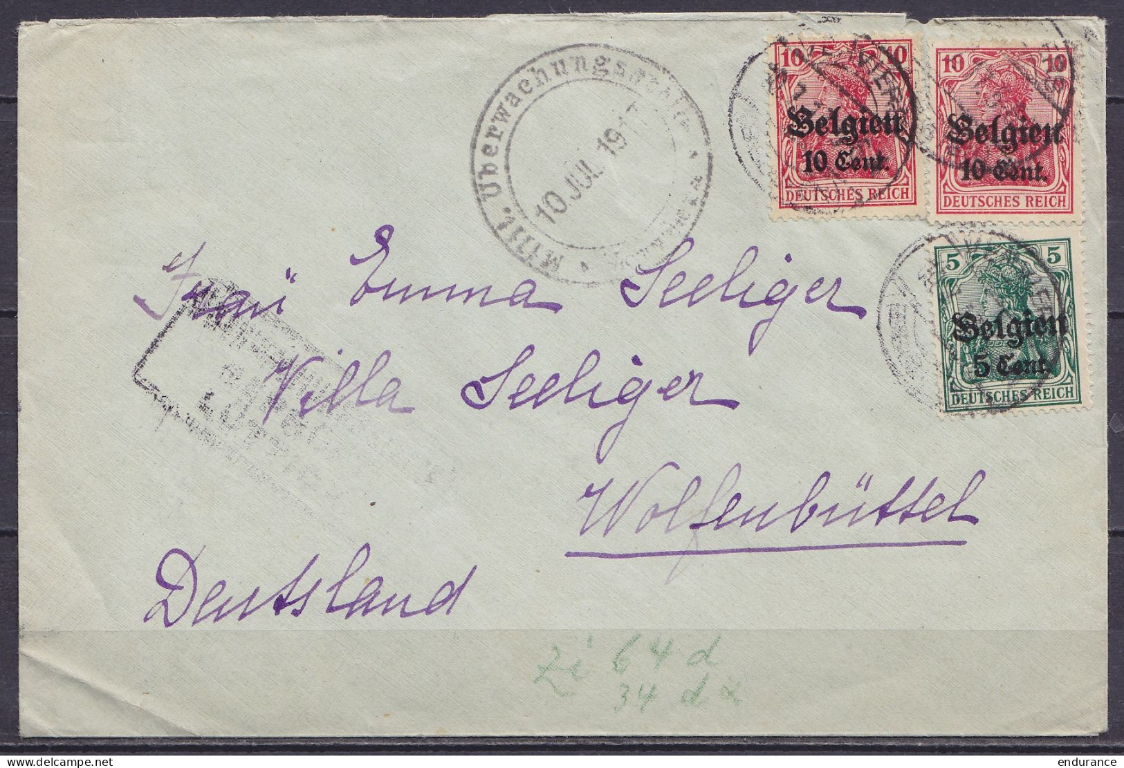 Env. De Stavelot Affr. OC12 + 2x OC14 Càpt VERVIERS /10.7.1917 Pour WOLFENBÜTTEL Allemagne - Cachets Censure Lüttich - OC1/25 Generaal Gouvernement