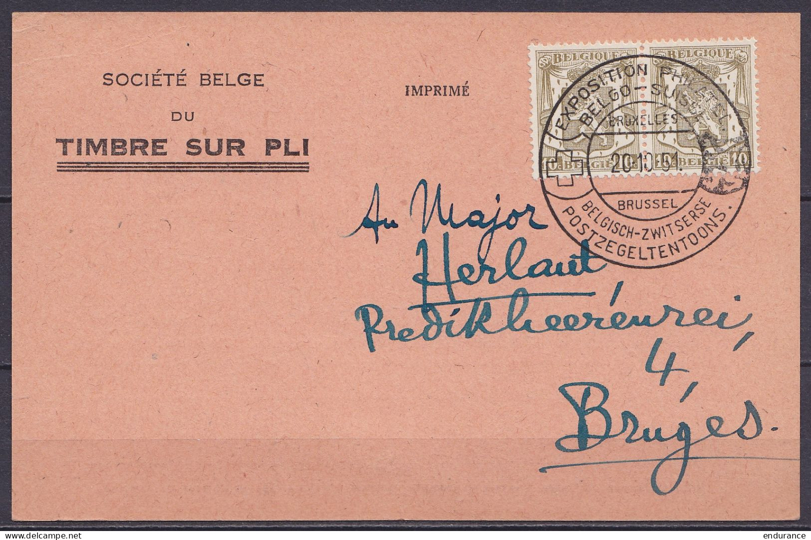CP "Société Belge Du Timbre Sur Pli" (club Philatélique) Affr. Paire N°420 Càd Commémoratif "EXPOSITION PHILATELIQUE BEL - 1935-1949 Kleines Staatssiegel
