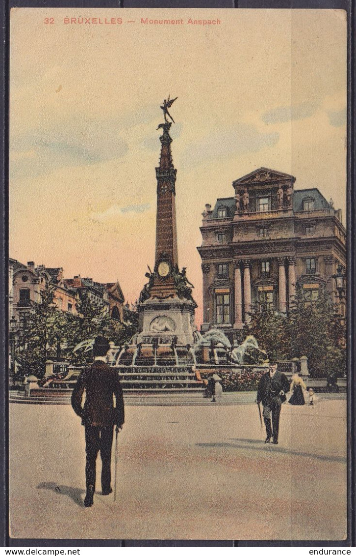 CP Colorisée "Monument Anspach" Affr. N°111 Flam. "BRUSSEL 1/21.IX 1912/ BRUXELLES 1" Pour British Embassy à PERA Consta - 1912 Pellens
