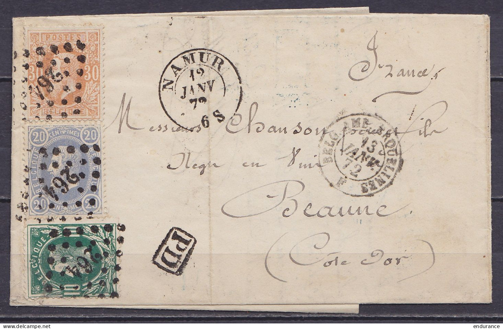 Superbe L. Rare Affr. Tricolore N°30+31+33 (RRR !) Lpts "264" Càd NAMUR /12 JANV 1872 Pour BEAUNE Côte D'Or - [PD] (au D - 1869-1883 Léopold II