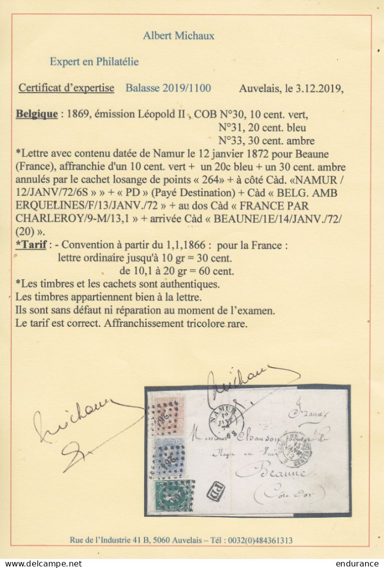 Superbe L. Rare Affr. Tricolore N°30+31+33 (RRR !) Lpts "264" Càd NAMUR /12 JANV 1872 Pour BEAUNE Côte D'Or - [PD] (au D - 1869-1883 Leopold II.
