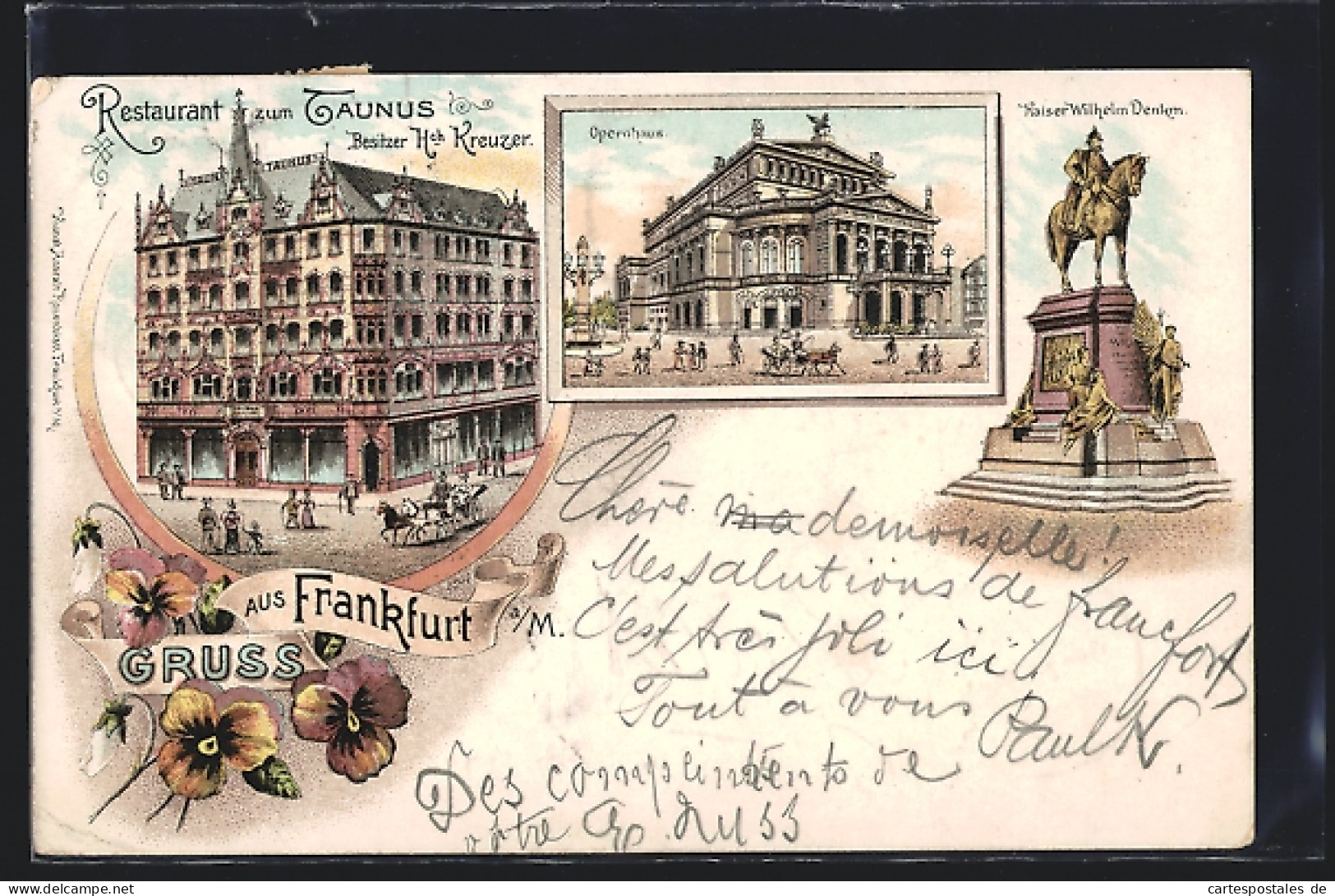 Lithographie Frankfurt /Main, Restaurant Zum Taunus, Opernhaus, Kaiser Wilhelm-Denkmal  - Frankfurt A. Main