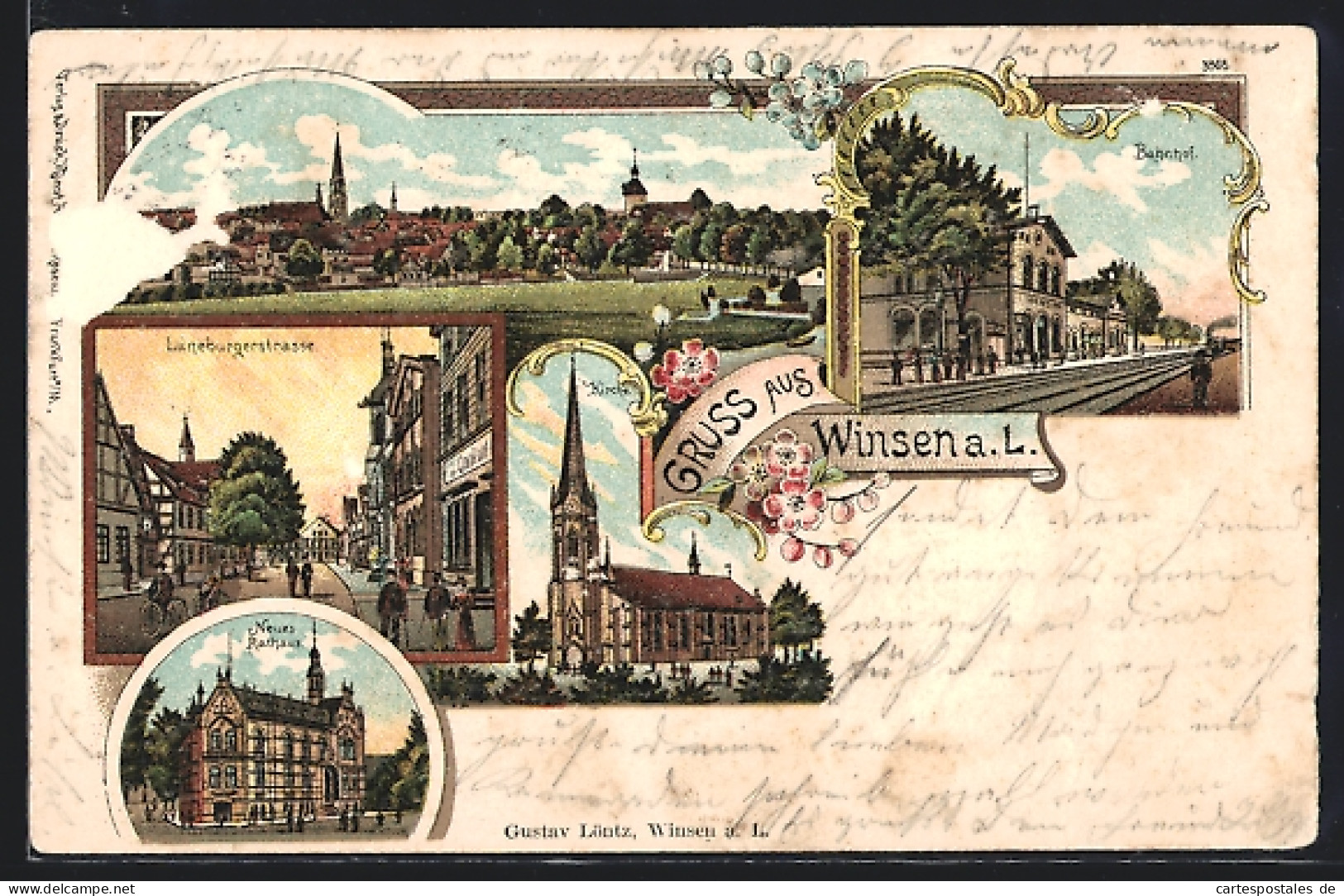 Lithographie Winsen A. L., Bahnhof, Lüneburgerstrasse, Neues Rathaus  - Winsen