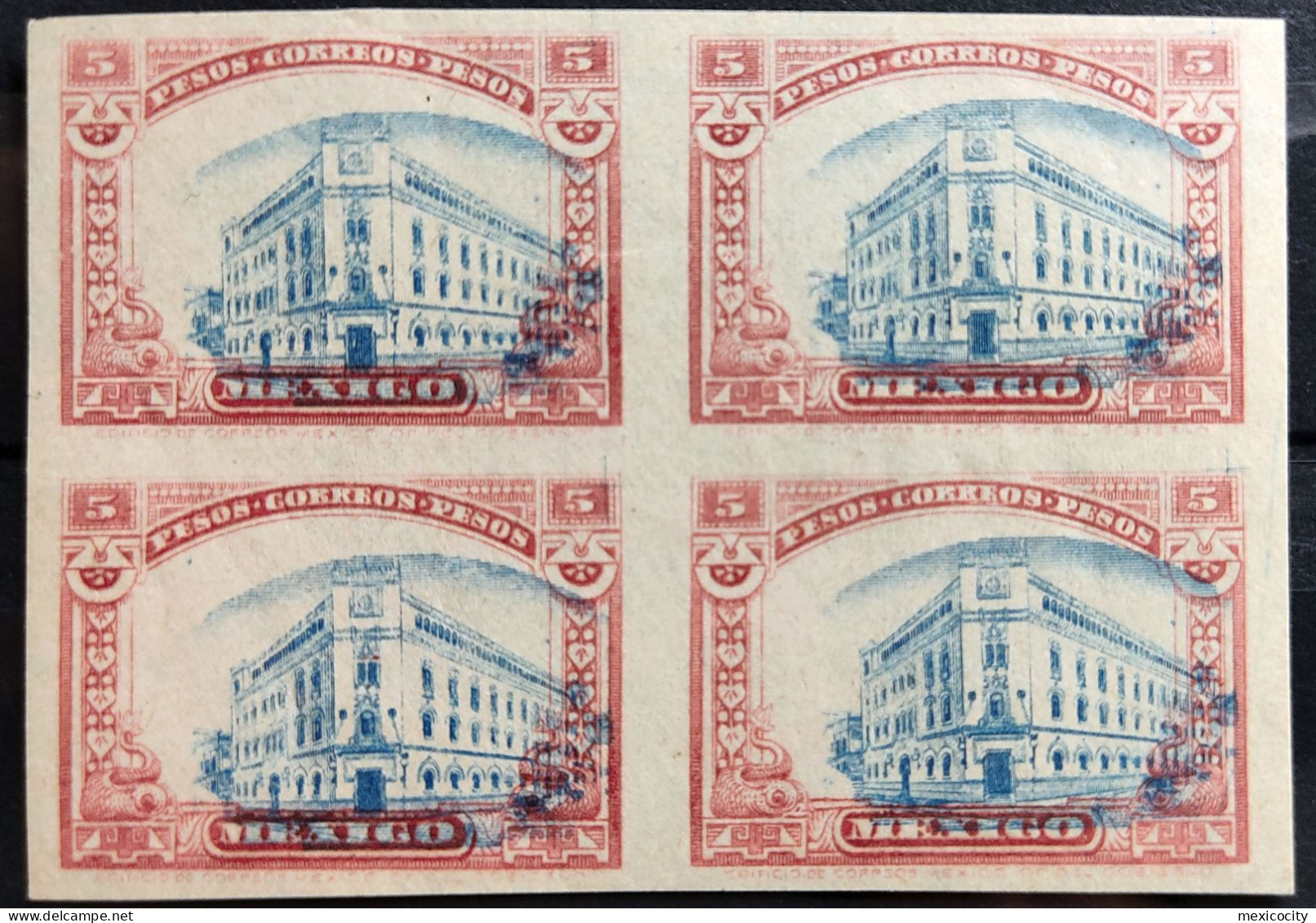 MEXICO 1915 Scott Cat. 514 $5 POST OFFICE BLDG Imperf. Blk. 4, Gummed Ppr, Hinged, Rare - Mexico