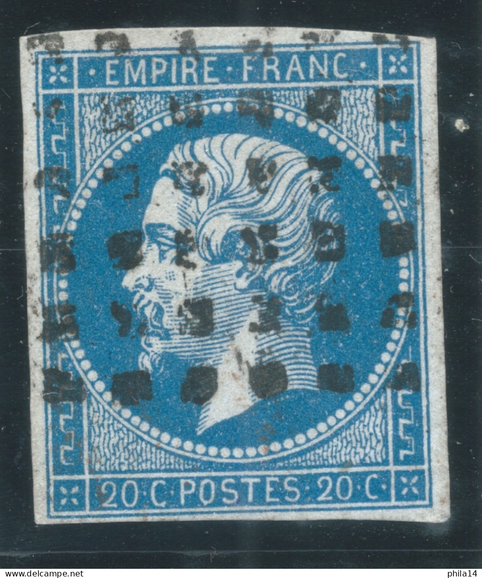 N°14 20c BLEU NAPOLEON TYPE 1 / OBLITERATION ROULETTE DE GROS POINTS CARRES - 1853-1860 Napoleon III