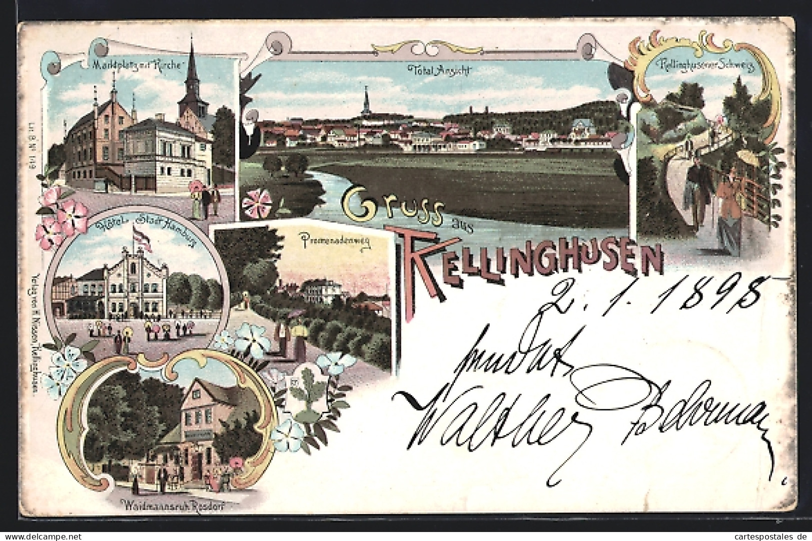 Lithographie Kellinghusen, Hôtel Stadt Hamburg, Waidmannsruh Rosdorf, Promenadenweg  - Kellinghusen