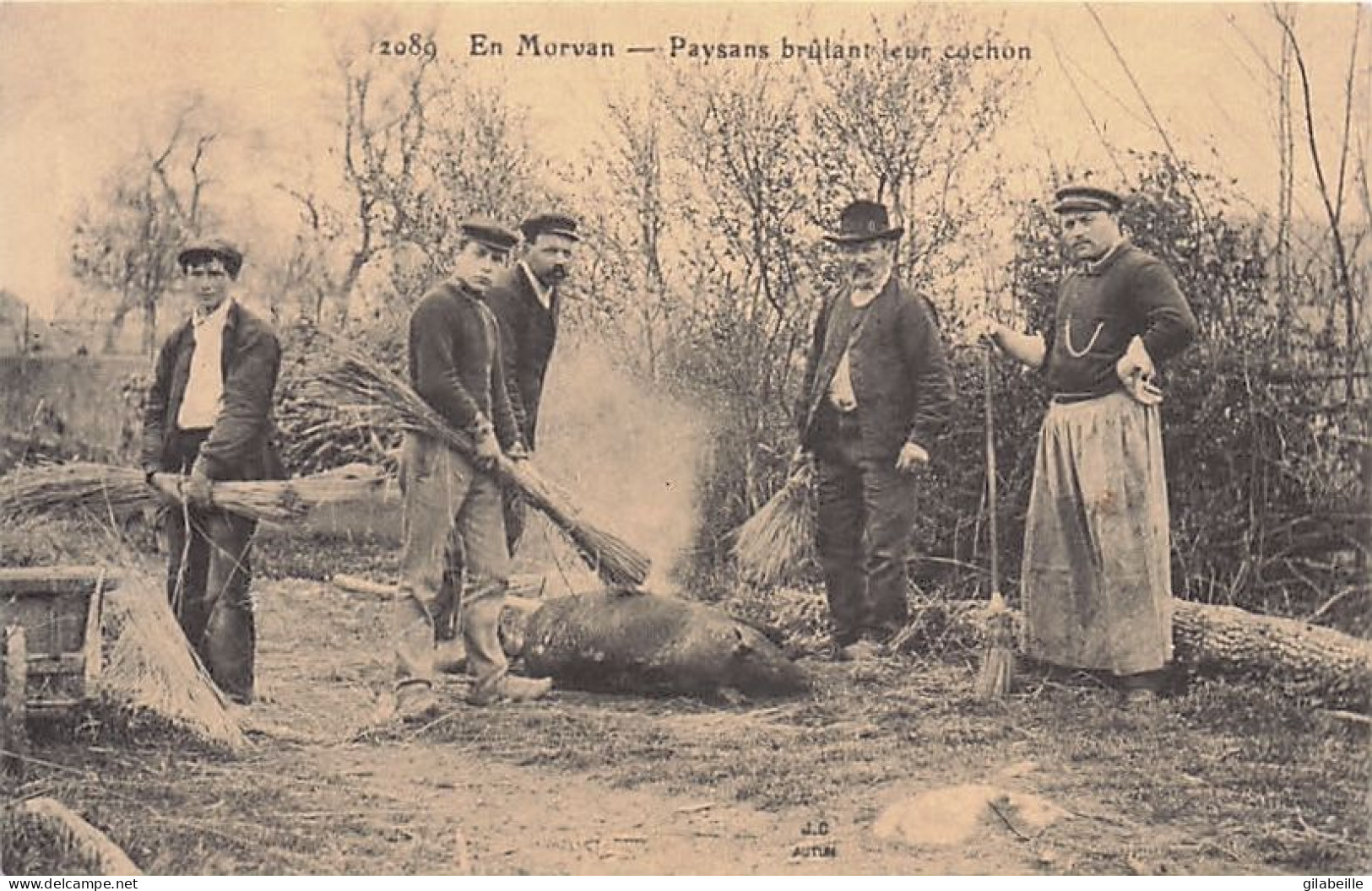 En Morvan - Paysans Brulant Leur Cochon -  Reproduction Cecodi - Farmers