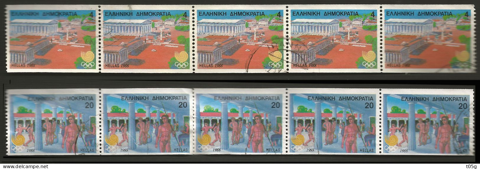 GREECE-GRECE- HELLAS 1988: OLYMPIC Games Seoul Horizontally Imperforete Strips Of 5 Stamps Different (4drx+20drxl Used - Gebraucht