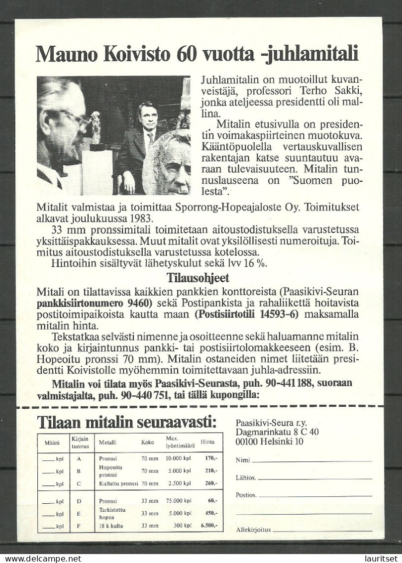 FINLAND 1983 President Mauno Koivisto Stamp Michel 937 On Advertising Sheetlet - Brieven En Documenten