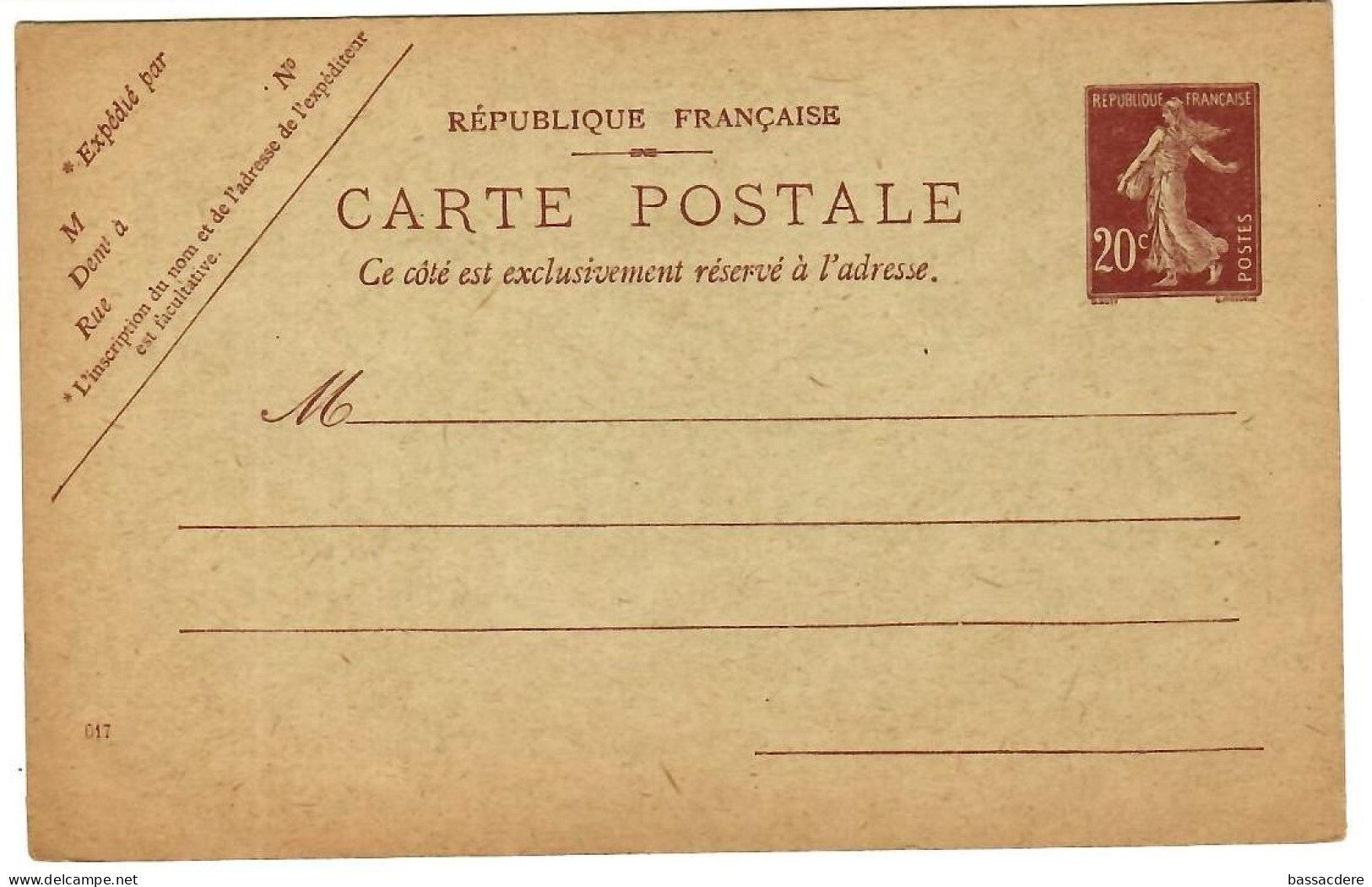 80152 -  SEMEUSE  20c, Brun - Cartes Postales Types Et TSC (avant 1995)