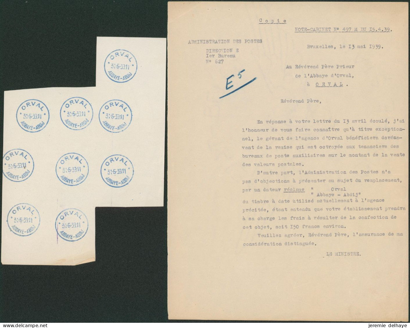 Orval - Archive De Documents Sur L'historique Du Cachet "Orval / Abbaye-Abdij" (1941), Validation Du Cachet, ... Intéres - Poste Rurale